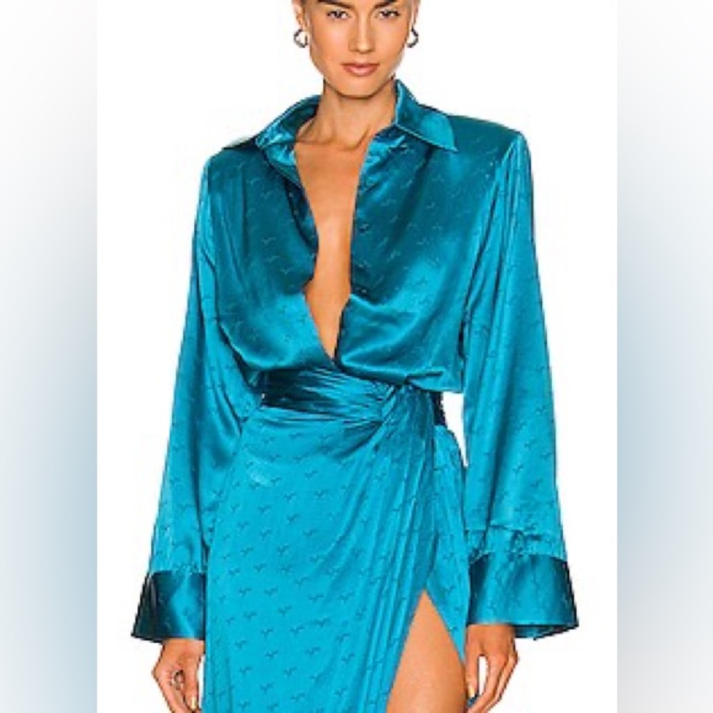 Ronny Kobo Silk Faith Top in Caneel Bay Blue Button Up Shirt Blouse Jacquard XS